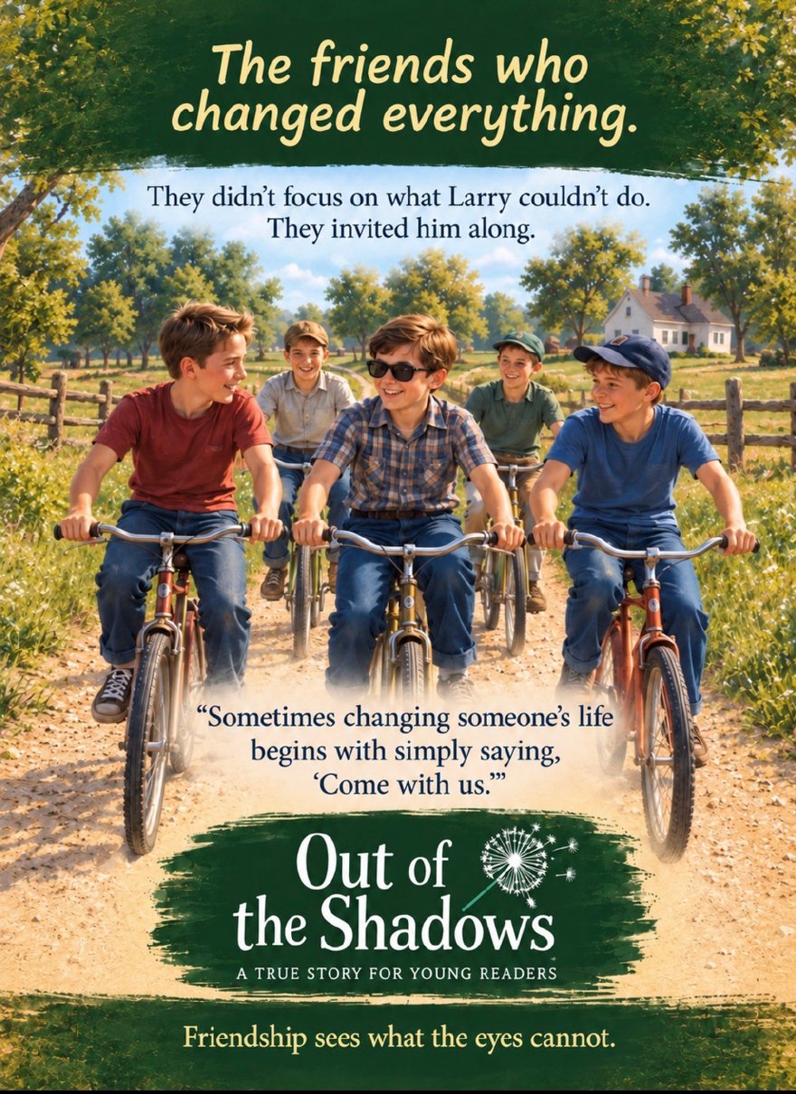 Painting of five boys riding bicycles down a dirt farm road. Larry, in the middle, wears dark glasses and a plaid shirt.