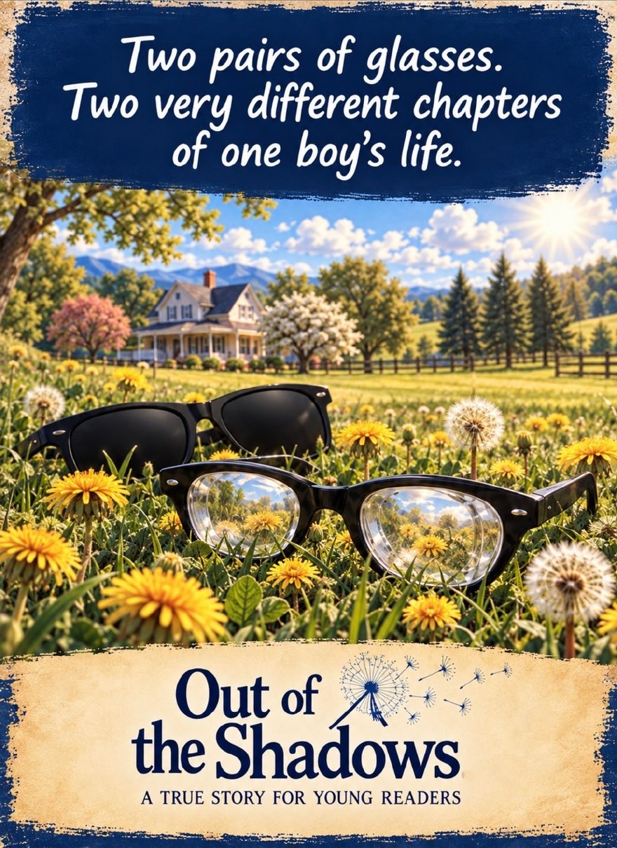 Painting of two pairs of glasses lying in a field of dandelions in front of a farmhouse, one pair dark and one clear.