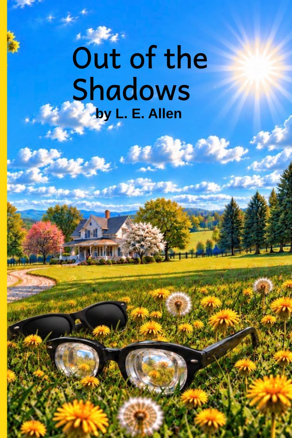 Front cover of Out of the Shadows by L. E. Allen: two pairs of glasses in a field of dandelions